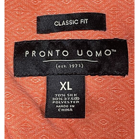 Pronto Uomo Silk Button Up Shirt Men’s Size XL Classic Fit, Salmon, Short Sleeve - Picture 12 of 14